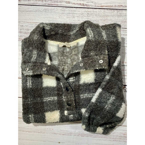 Loft Women Sherpa Plaid Black & White LS Jacket Snap Collar Size Large Pull Over - Picture 9 of 9